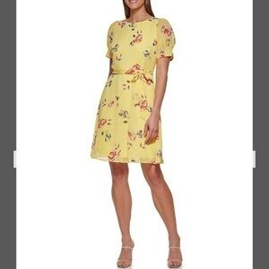 DKNY Floral Print Crew Neck Short Puff Sleeve Tie Waist Dress in Yellow Multi 4